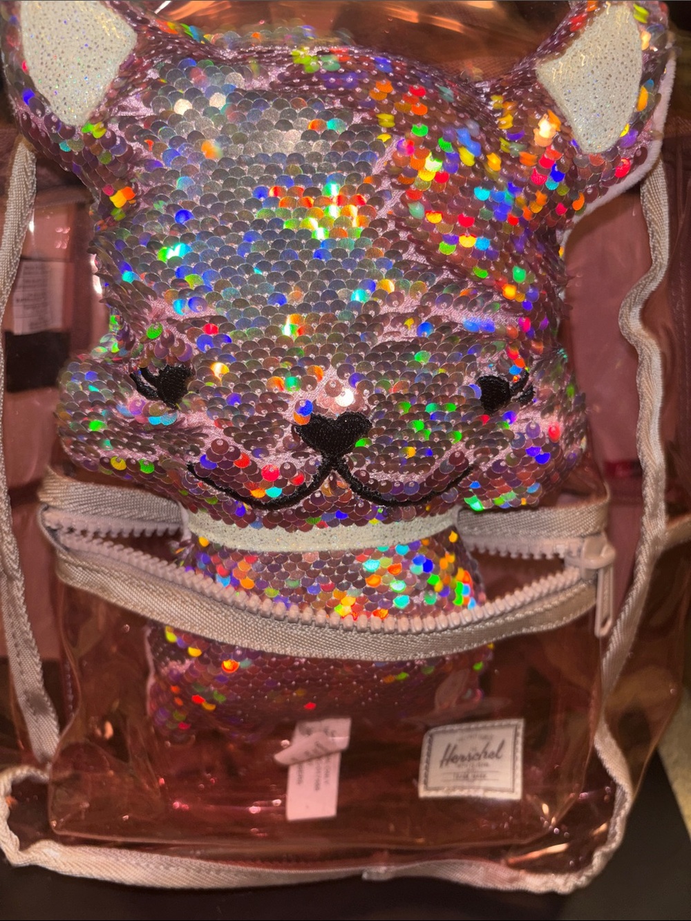 Sequin Cat Kids Backpack - Pink Holographic